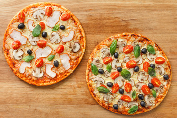 Top view Pizza with mushrooms and vegetables