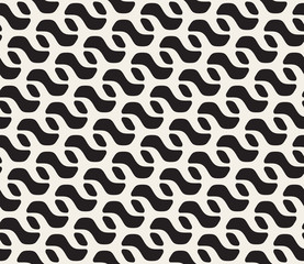 Vector Seamless Black and White Rounded Wavy Diagonal Line Lattice Pattern