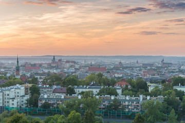 Evening panorama of Krakow old city, Poland, from Krakus Mound