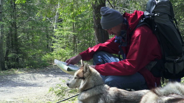 hiker with dog and map in forest