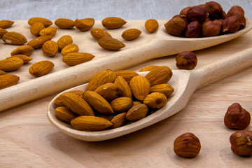 Wooden spoon with almonds and hazelnuts close up