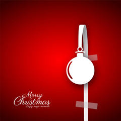Merry Christmas papercut ball or bauble gift card. Vector Illustration. Hanging on white paper bow, red background