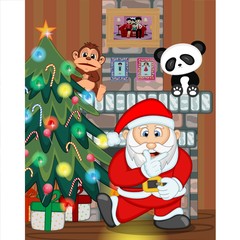 Santa Claus with christmas tree and fire place Vector Illustration