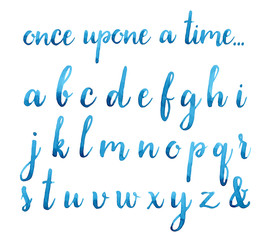 blue watercolor calligraphic hand drawn font.