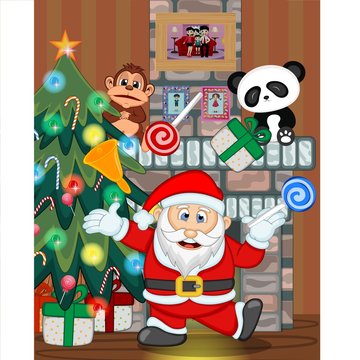 Santa Claus with christmas tree and fire place Vector Illustration