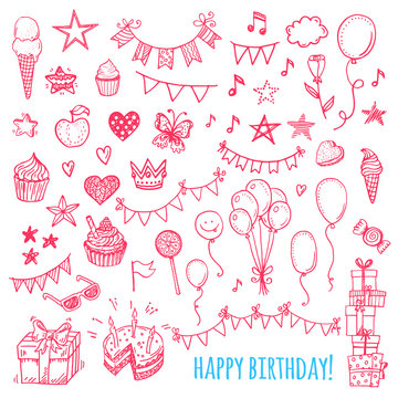 Hand drawn happy birthday party icons. Cakes, sweets, balloons, bunting flags.