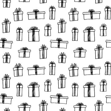 Seamless pattern with hand drawn gift boxes.