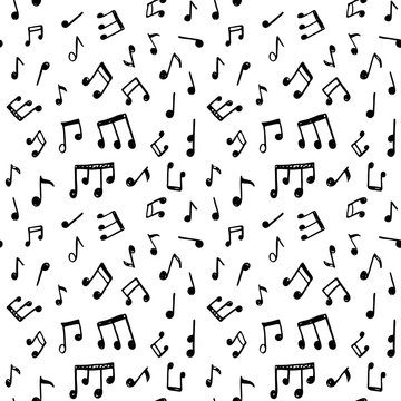 Doodle Seamless Pattern With Hand Drawn Music Notes.