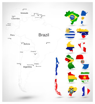 South America blank map with country flags overlay