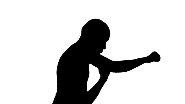 HD silhouette footage of a bare fisted bald man throwing various punches against a white background