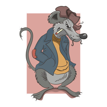 Cartoon rat dressed in a jacket and hat with earflaps. The rat hooligan. In his mouth holding a cigarette. Hands stuffed in his pockets.