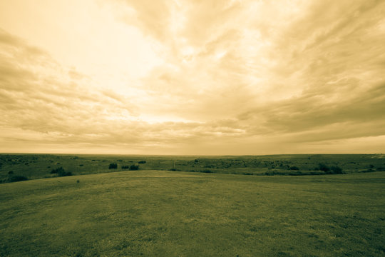 Wide Texas Landscape And Cloudy Sky Old-fashioned Split Toned Effect.