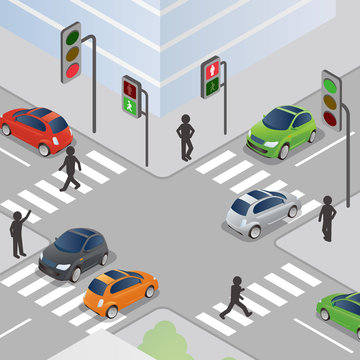 traffic lights and pedestrian lights, road signals, pedestrian silhouette, vector illustration