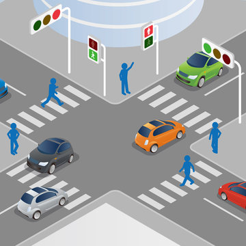 traffic lights and pedestrian lights, road signals, pedestrian silhouette, vector illustration