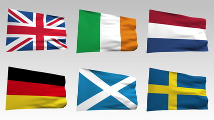 animated European flags collection with alpha channel, England, Ireland, Netherlands, Germany, Scotland, Sweden
