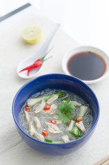 Soya noodle soup with chicken and asian spices