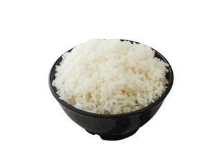 White rice in black bowl isolated, Clipping