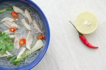 Soya noodle soup with chicken and asian spices