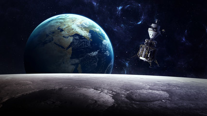 Hoge resolutie planeet aarde uitzicht vanaf het maanoppervlak. Elementen van deze afbeelding zijn geleverd door NASA