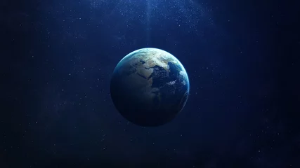 Foto op Canvas Hoge resolutie planeet aarde weergave. De wereldbol vanuit de ruimte in een sterrenveld met het terrein en de wolken. Elementen van deze afbeelding zijn geleverd door NASA © Vadimsadovski