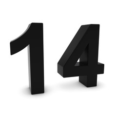 Black 3D Number Fourteen Isolated on white with shadows