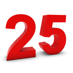Red 3D Number Twenty Five Isolated on white with shadows