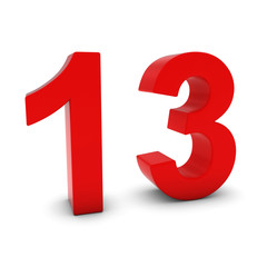 Red 3D Number Thirteen Isolated on white with shadows