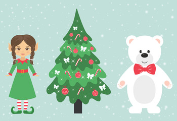 winter bear and girl elf with braid and fir-tree