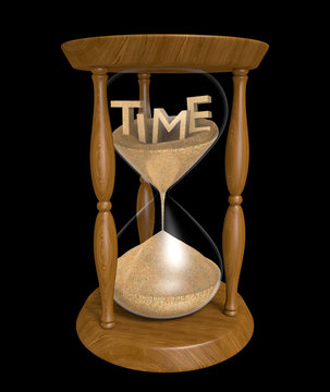 3D text of the word time in an hourglass with trickling sand