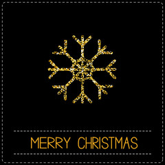 Gold glitter snowflake. Merry Christmas card. Dash line. Black background