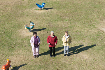 芝生を歩く3人の日本人高齢者