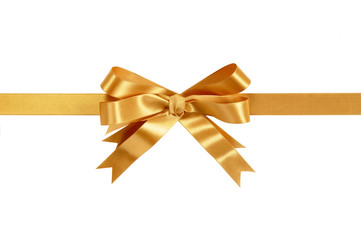 Gold gift ribbon bow straight horizontal banner border isolated on white background for christmas...
