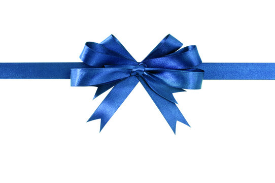 Deep dark blue gift ribbon bow straight horizontal banner for christmas or birthday present isolated on white background photo