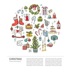 Set of hand drawn sketchy christmas elements Doodle vector illustration elements Candles gift boxes christmas tree wreath stocking candy canes cookie bells holly decoration calligraphy Merry Christmas