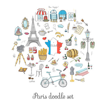 Set of hand drawn French icons, Paris sketch illustration, doodle elements, Isolated national vector elements Travel to France icons for cards, web pages, travel articles Paris symbols collection