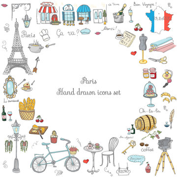 Set of hand drawn French icons, Paris sketch illustration, doodle elements, Isolated national vector elements Travel to France icons for cards, web pages, travel articles Paris symbols collection
