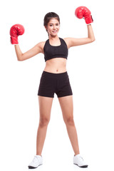 Boxer woman. Boxing fitness woman smiling happy wearing red boxing gloves on white background.