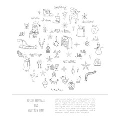 Hand drawn sketchy christmas elements Doodle vector illustration  Santa Claus, Snowmen, snowflakes, Christmas tree ice skating, deer, angel, Holly Jolly, decoration, Merry Christmas and Happy New Year