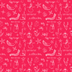Seamless background hand drawn sketchy Christmas elements Doodle vector illustration, Snowmen, snowflakes, stockings, ice skating, deer, angel, decoration, Merry Christmas and Happy New Year