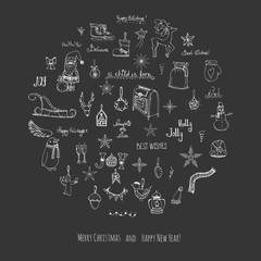 Hand drawn sketchy christmas elements Doodle vector illustration  Santa Claus, Snowmen, snowflakes, Christmas tree ice skating, deer, angel, Holly Jolly, decoration, Merry Christmas and Happy New Year