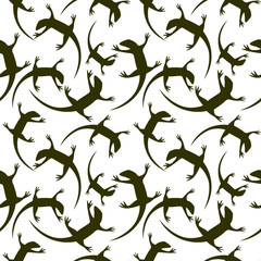  Seamless animal vector pattern, chaotic background with dark reptiles, silhouettes over white backdrop.