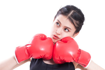 Portrait of fitness woman with the red boxing gloves