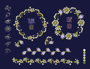 Floral Frame Collection. Set of cute retro flowers arranged