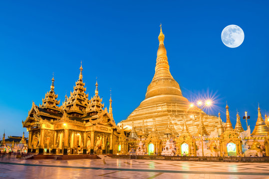 Yangon, Myanmar view of Shwedagon Pagoda with super moon