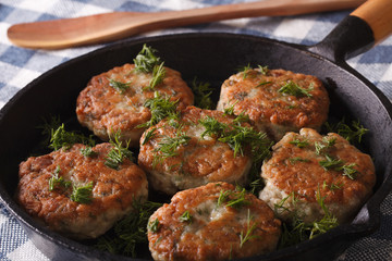 Cooking fish cakes with herbs close-up in a pan. Horizontal
