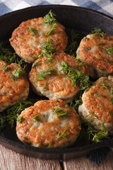 Delicious fish cakes with dill closeup in a pan. vertical