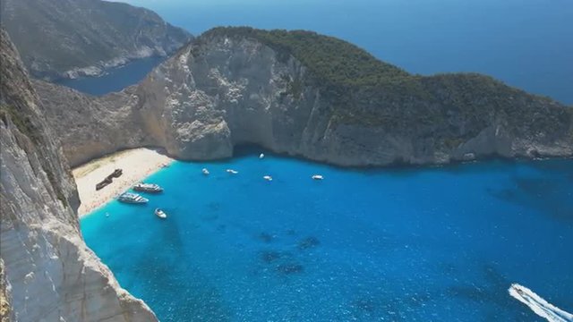 Panorama Footage of Sea Bay with Beach and Many Boats