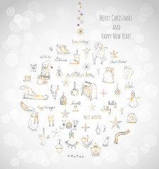 Hand drawn sketchy christmas elements Doodle vector illustration  Santa Claus, Snowmen, snowflakes, Christmas tree ice skating, deer, angel, Holly Jolly, decoration, Merry Christmas and Happy New Year