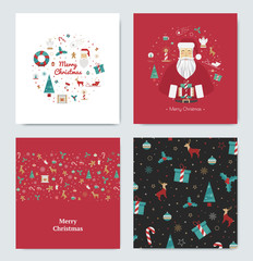 Set of colored cards for the Christmas holidays. Fun designs for the new year 2015. Icons for decorations, reindeer, tree, gifts, print.