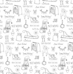 Obraz premium Seamless background hand drawn sketchy Christmas elements Doodle vector illustration Santa Claus, snowflakes, ice skating, gifts, angel, Holly Jolly, decoration, Merry Christmas and Happy New Year